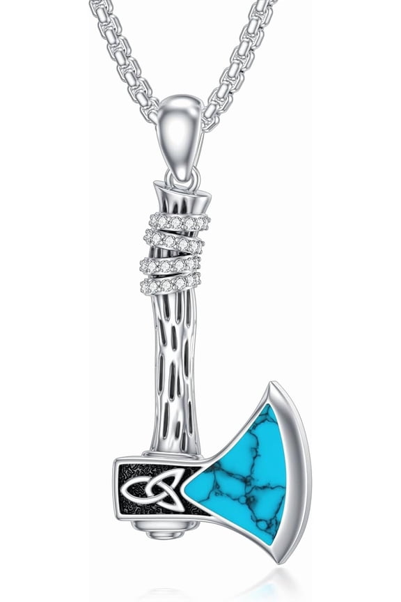Men Axe Pendant Necklace Celtic Knot Axe Weapon Amulet Necklace with Turquoise Jewelry Birthday Gift