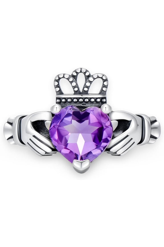 Natural Amethyst Claddagh Ring for Women Irish Claddagh 8mm Heart Promise Rings with Real Amethyst 925 Sterling Silver