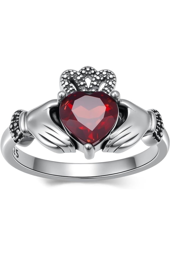 Natural Garnet Claddagh Ring for Women 925 Sterling Silver 1.25 ct. Genuine Garnet Jewelry Gifts for Mom Wife Grandma Girlfriend