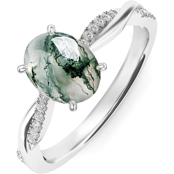 SOULMEET Natural Oval Moss Agate Rings for Women with CZ 925 Sterling Silver Engagement Wedding Ring Jewelry for Her Size 5 to 12