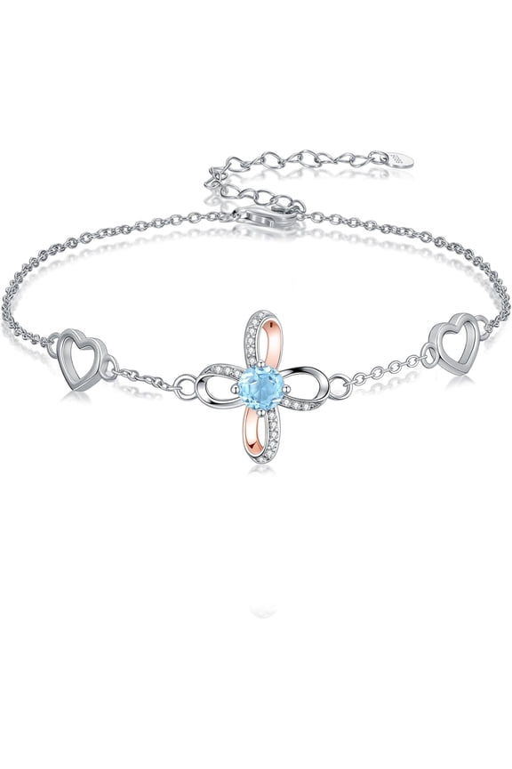 Nature Swiss Blue Topaz Infinity Cross Bracelet 925 Sterling Silver Open Loop Cross Birthstone Adjustable Chain Bracelets for Women Gifts for Birthday