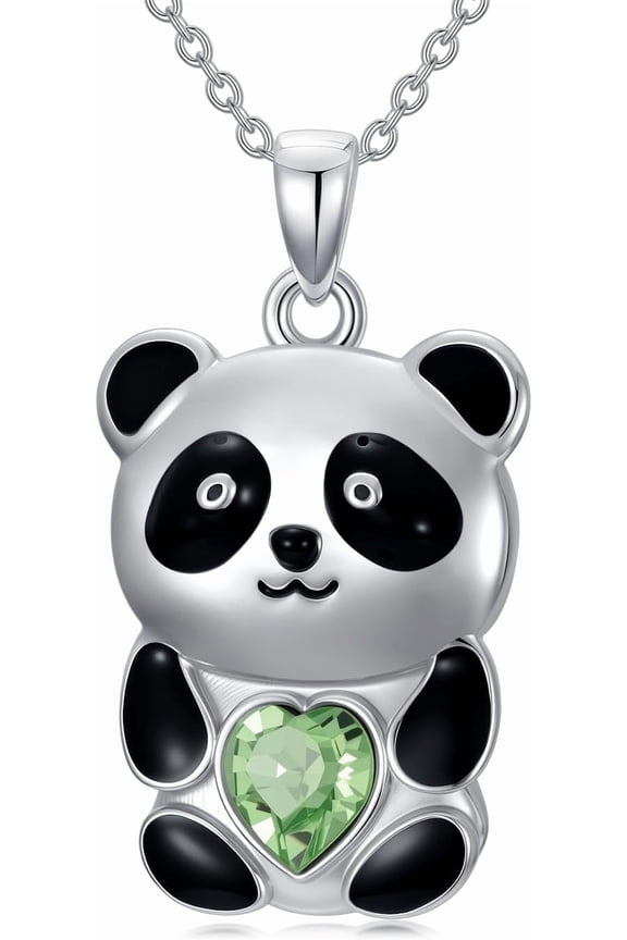 Panda Necklace for Women Cute Panda Animal Necklace with Heart Green Crystal Sterling Silver Jewelry Gifts