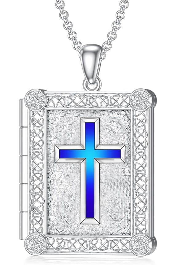 SOULMEET Personalized 10K 14K 18K Solid White Gold/Silver Rectangle Locket That Holds Picture Custom Large Crucifixion Cross Locket Necklace Gift for Men Women