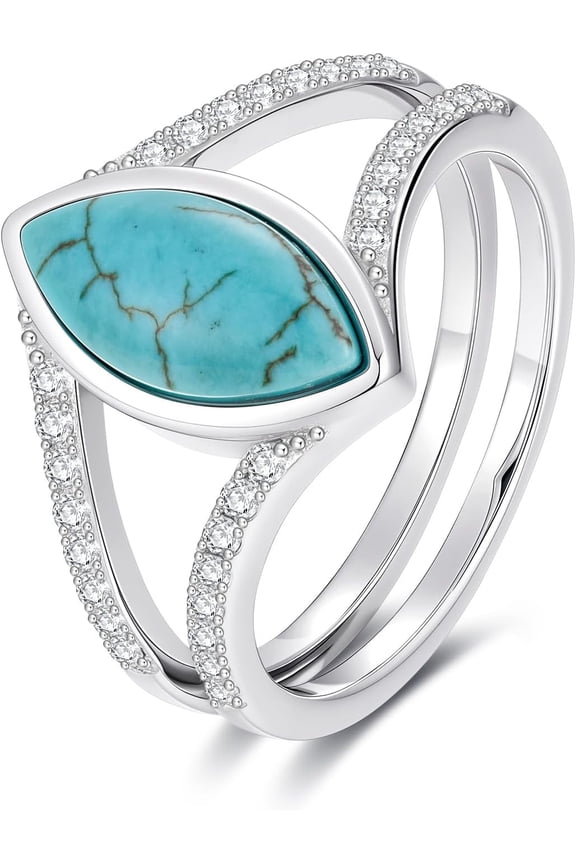 Real Turquoise Rings 925 Sterling Silver Marquise Shape Turquoise Gemstone Layered Ring Jewelry Gifts for Women