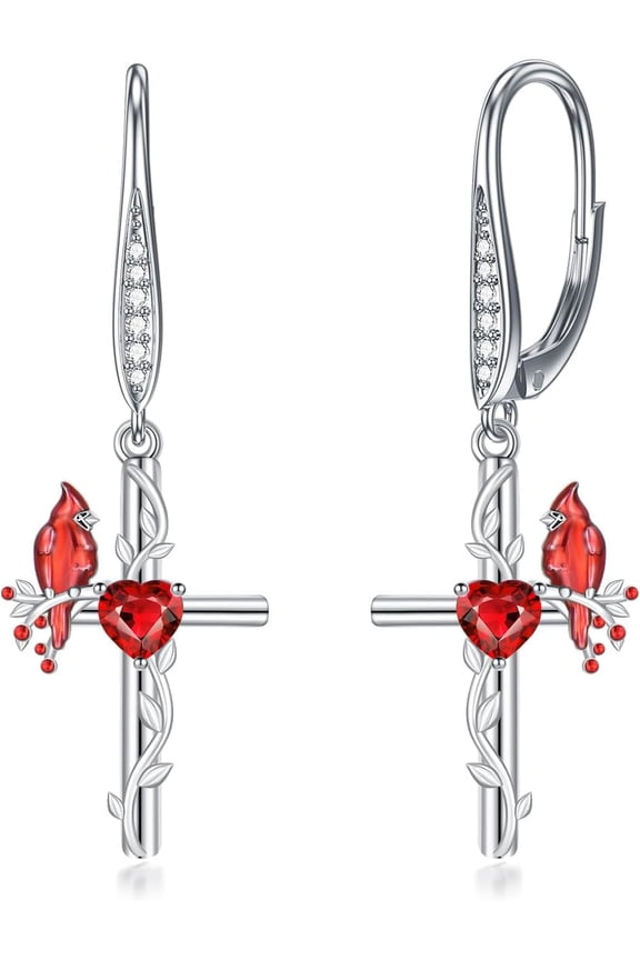 Red Cardinal Bird Earrings for Women Natural Garnet 925 Sterling Silver Cardinal Cross Earrings Memorial Sympathy Jewelry Cardinal Bird Gifts for Loss of Loved