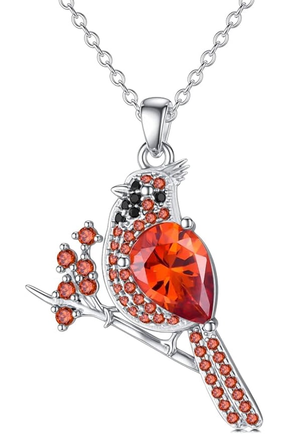 Red Cardinal Necklace, Cardinal Pendant Necklace with Cubic Zirconia 925 Sterling Silver Gift for Women