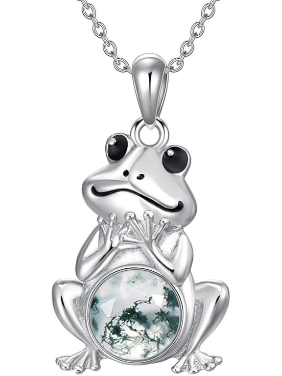 S925 Sterling Silver Frog Necklace wiht Opal Jewelry for Women Cute Frog Stuff Real Opal/Turquoise/Moonstone/Moss Agate Necklace Pendant Good Luck Gift