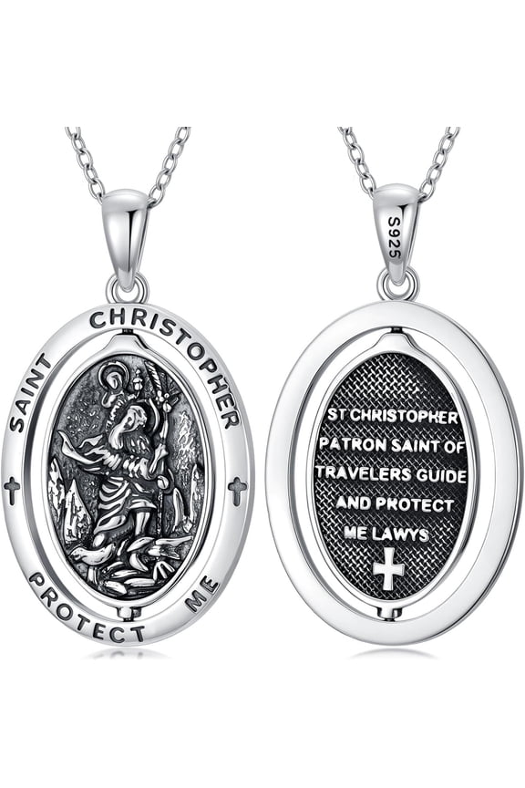 Saint Christopher Necklace Sterling Silver St Christopher Medal Bless Safety Religious Pendant Necklace for Women