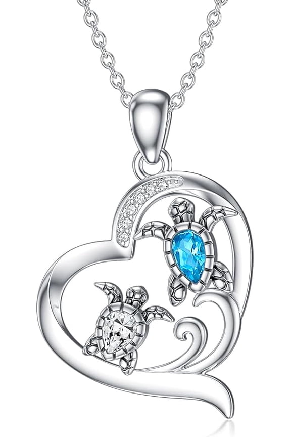Sea Turtle Heart Necklace for Women 925 Sterling Silver Topaz/Turquoise/Jade/Larimar/Diamond Turtle Pendant Jewelry Birthday Gifts for Wife Mom