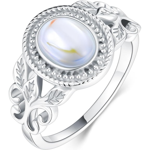SOULMEET Silwan Moonstone Victorian Ring for Women, 925 Sterling Silver Rainbow Moon Stone Engagement Rings 6 * 8mm Oval Solitaire Vintage Leaf Ring Fine Jewelry Gifts for Her Mom
