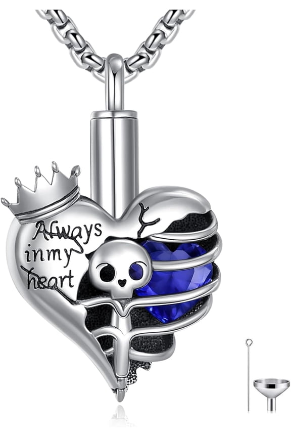 Skeleton Urn Necklace for Ashes 925 Sterling Silver Heart Birthstone Skull Urn Pendant Necklaces Memorial Keepsake Cremation Jewelry for Women Men, 20"+2"