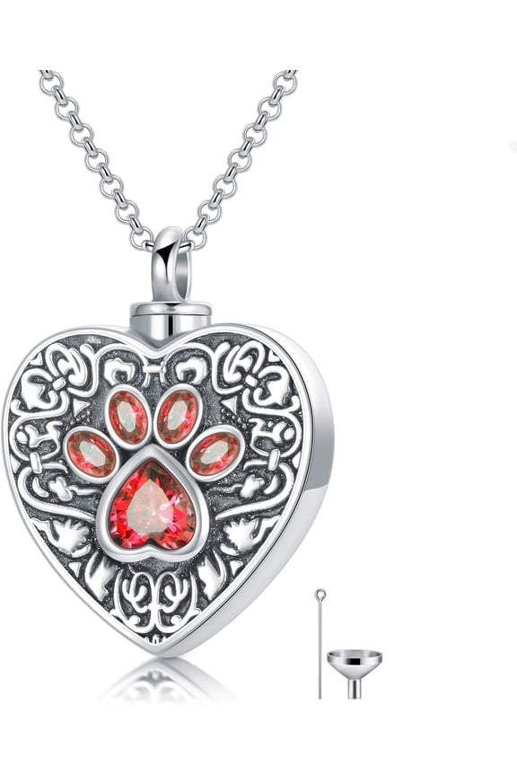 Sterling Silver/10k/14k/18k White Gold Heart-Shaped Paw Print Urn Necklace Keepsake with Birthstone Jewelry for Pets Ashes to Commemorate Your Beloved Dogs Cats