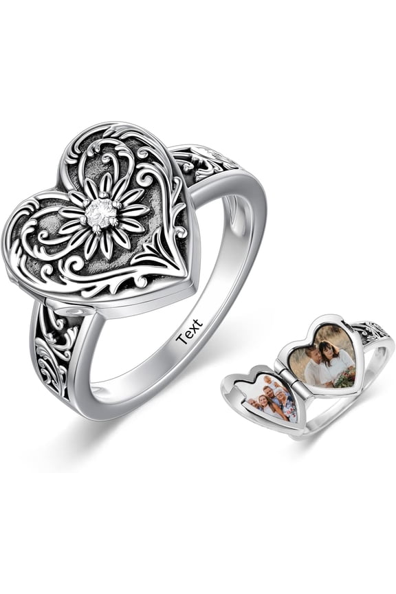 SOULMEET Sterling Silver Heart Sunflower Locket Ring That Holds Pictures Personalized Memorial Photo Locket Band Poison Locket Rings (Sizes 5,6,7,8,9,10)