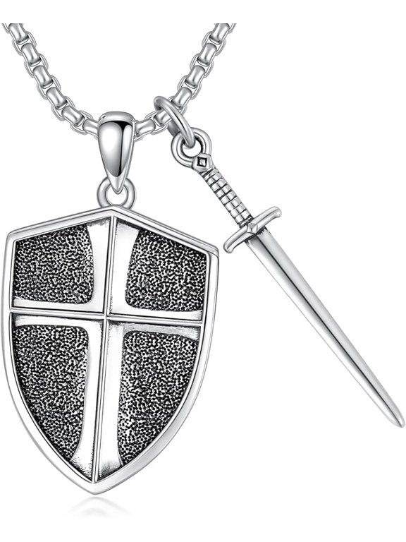 Sterling Silver Knights Templar Cross Joshua 1:9 Shield Pendant Necklace with 22+2 inch Stainless Steel Chain Men's Verse Bible Armor of God Necklace