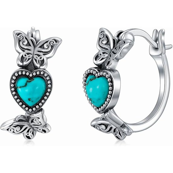SOULMEET Sunflower/Rose/Feather/Cross/Butterfly Turquoise Hoop Earrings 925 Sterling Silver Vintage Green Turquoise Hoop Earrings for Women Gifts