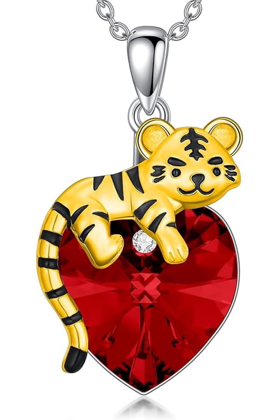 Tiger Necklace 925 Sterling Silver Cute Tiger Holding Heart Shaped Crystal Pendant Necklace for Women