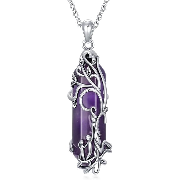 SOULMEET Tree of Life Necklace for Women 925 Sterling Silver Created Amethyst Healing Crystal with Family Pendant Necklace for Gifts