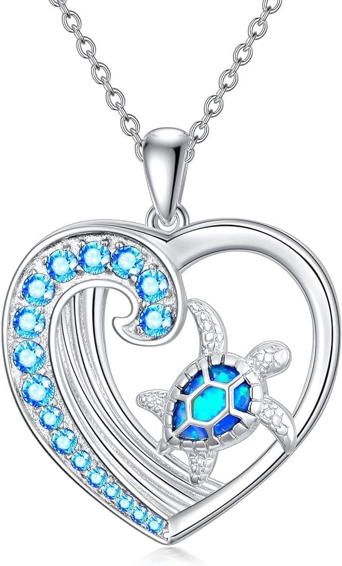 SOULMEET Turtle Necklace Sterling Silver Heart Created Opal Sea Turtle Necklace with Crystal Jewelry Gift for Women