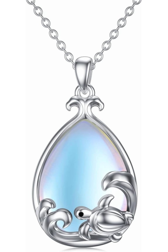 Turtle Necklace, Turtle Moonstone Necklace, 925 Sterling Silver Turtle Teardrop Pendant,Ocean Animal Jewelry for Women on Christmas birthday and other special occasions.