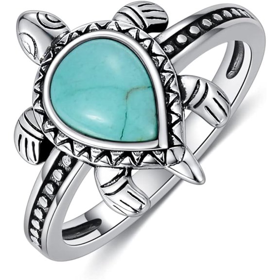SOULMEET Turtle Ring 925 Sterling Silver Genuine Turquoise/Larimar/Jade Ring Turtle Design Sea Tortoise Gifts for Women Best Friend Her