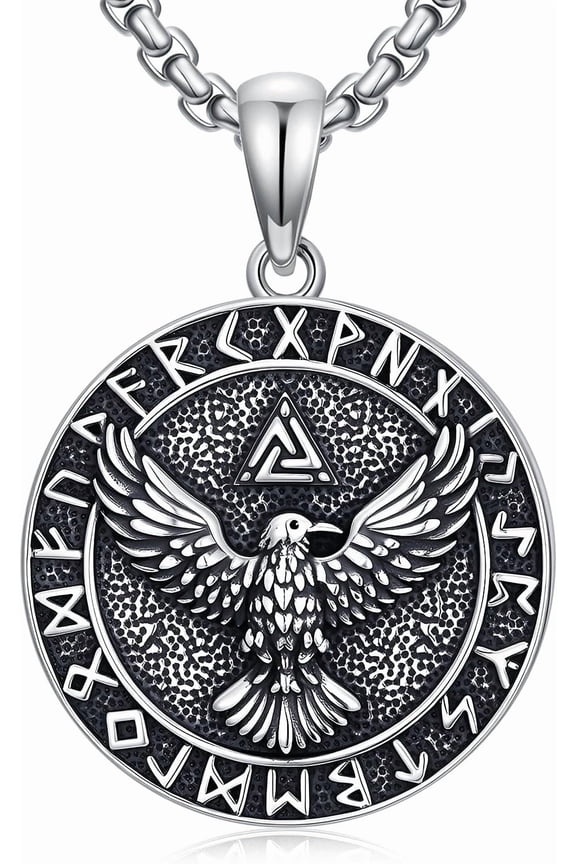 Viking Raven Necklace 925 Sterling Silver Norse Rune Raven Crow Pendant Amulet Jewelry Gift for Men, w/Stainless Steel Chain 22+2
