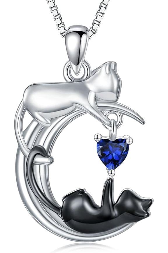 White Cat and Black Cat Moon Pendant Necklace Sterling Silver Cat Necklace Jewelry Gift for Women