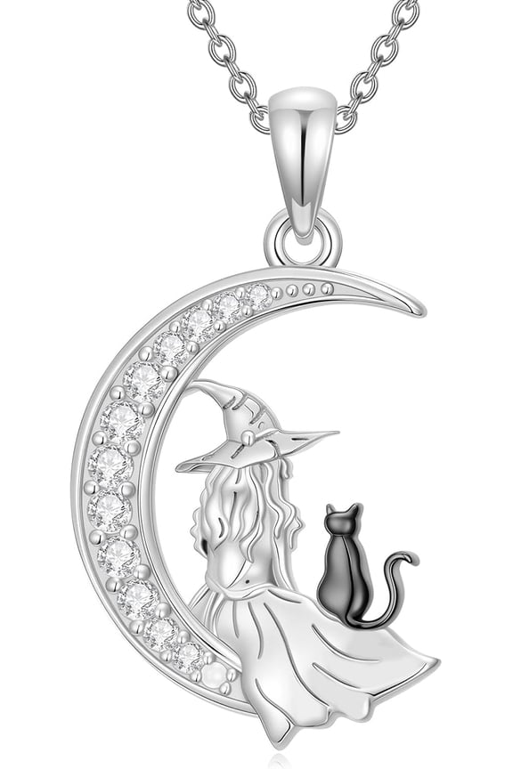 Witch and Cat Moon Necklace Black Cat Necklace Jewelry Gift for Women