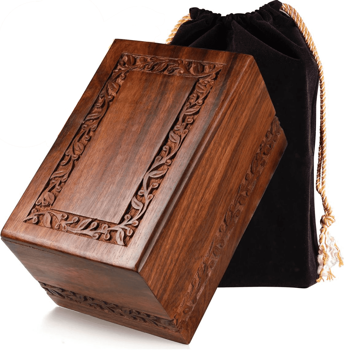 Handcarved Rosewood Rectangular Wooden Urn with Velvet Bag