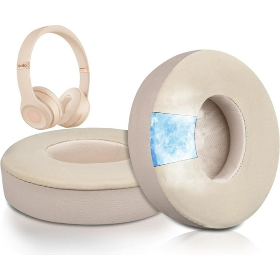 SOULWIT Cooling Gel Replacement Ear Pads Cushions for Beats Solo 2 & Solo 3 Wireless On-Ear Headphones, Solo2 Solo3 Earpads with High-Density Noise Isolation Foam, Added Thickness - Satin Gold