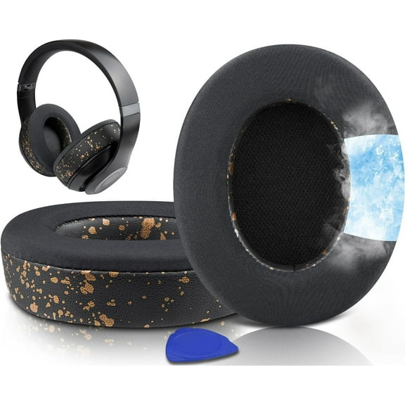SOULWIT Cooling Gel Replacement Earpads for Beats Studio Pro Wireless Noise Cancelling Headphones, Ear Pads Cushions with Ice Silk Fabric, High-Density Foam - Black Gold