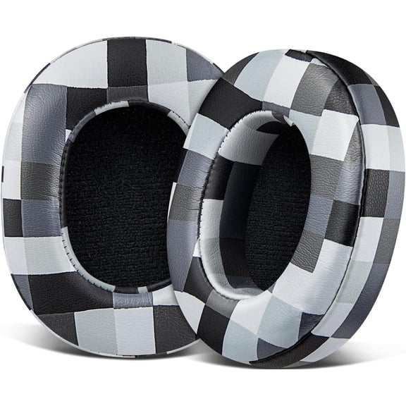 SOULWIT Replacement Earpads for Skullcandy Hesh 3/ANC/Evo & Crusher Wireless/ANC/Evo & Venue ANC Over-Ear Headphones,Ear Pads Cushions with Soft Protein Leather,Noise Isolation Foam - Black&Gray Grid