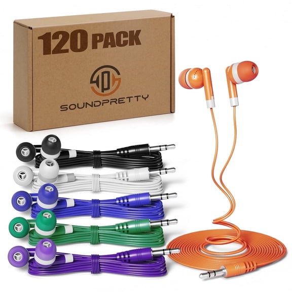SP SOUNDPRETTY Bulk 120 Packs Kids Earbuds Wired - Individually Sealed Multicolor Classroom Ear Buds for School, Library, Online Learning