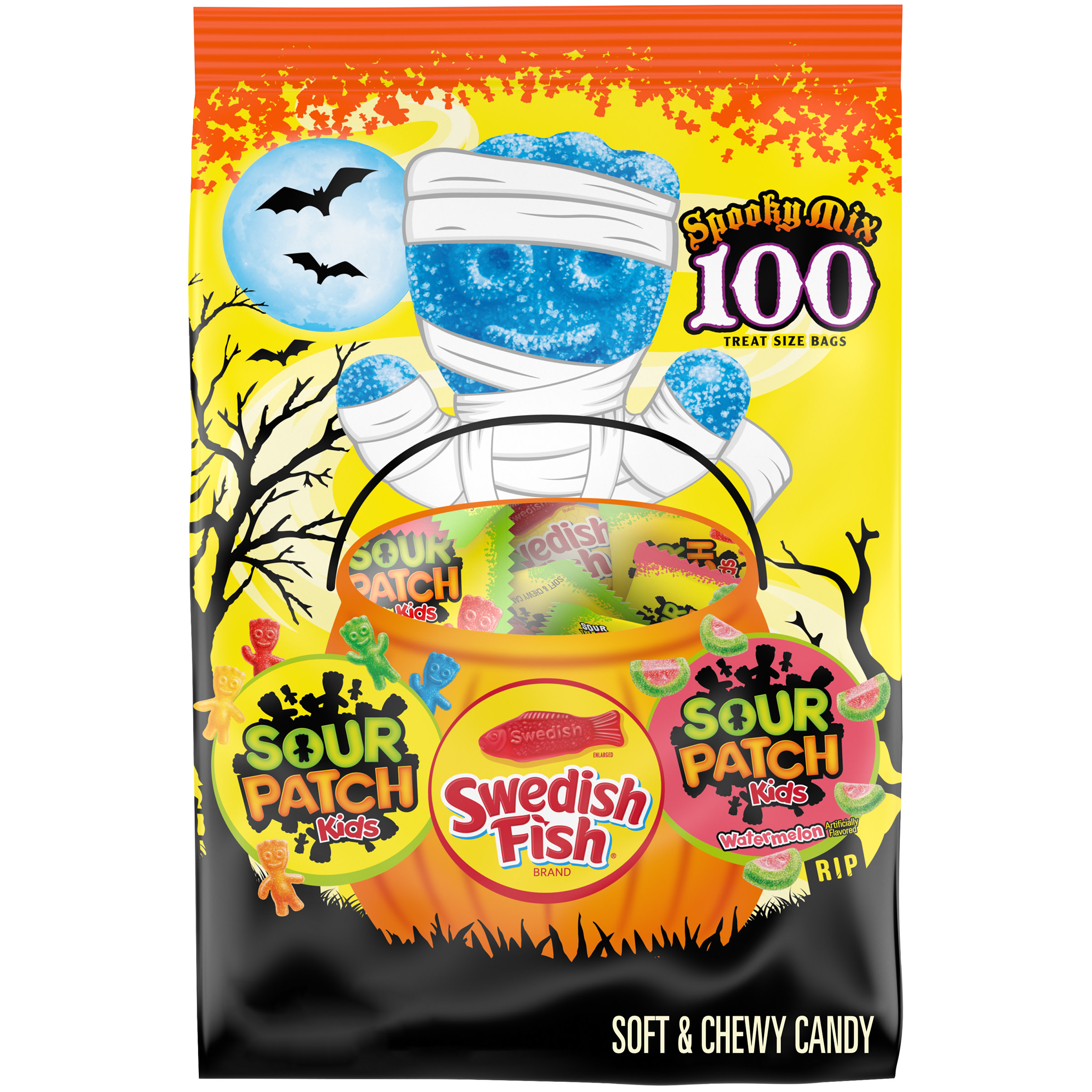 SOUR PATCH KIDS Candy (Original and Watermelon) and SWEDISH FISH Candy Halloween Candy Variety Pack, 1 - 100 Trick or Treat Snack Packs - image 1 of 20