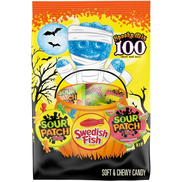 SOUR PATCH KIDS Candy (Original and Watermelon) and SWEDISH FISH Candy Halloween Candy Variety Pack, 1 - 100 Trick or Treat Snack Packs