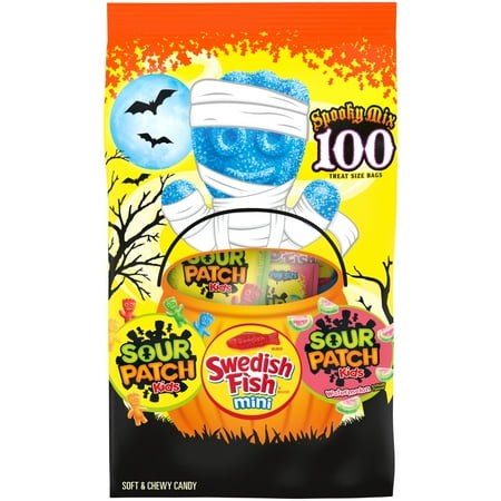 SOUR PATCH KIDS & SWEDISH FISH Mini Halloween Candy Variety Pack, 100 Trick or Treat Bags