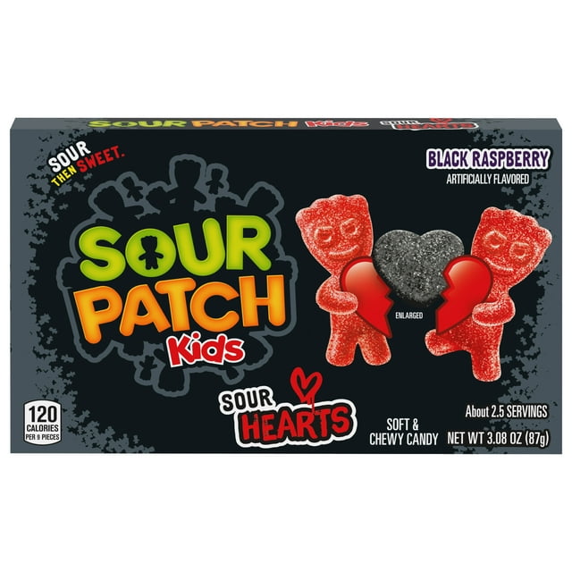 SOUR PATCH KIDS Sour Hearts Black Raspberry Soft & Chewy Candy, Valentines Candy, 3.08 oz