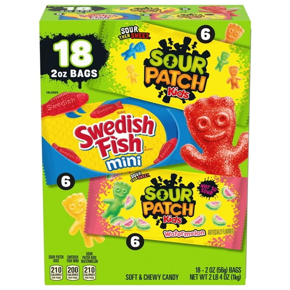 SOUR PATCH KIDS and SWEDISH FISH Mini Soft & Chewy Candy Variety Pack, 18 - 2 oz Bags - 3 pack