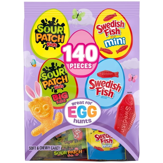Sour Patch Kids and Swedish Fish soft chewy Easter candy variety pack, 140 snack packs, 38 oz