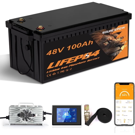 SOURCEPOW  48V(51.2V) 100Ah LiFePO4 Lithium Golf Cart Battery, Built-in Smart 200A BMS with Touch Monitor and 18-Amp Charger, 1000A Peak Current, Max 10.24kW Power Output, Perfect for Golf Carts, Sol