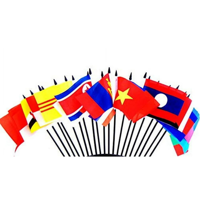 SOUTH EAST ASIA WORLD FLAG SET--20 Polyester 4"x6" Flags, One Flag for Each Country in South East Asia, 4x6 Miniature Desk & Table Flags, Small Mini Stick Flags