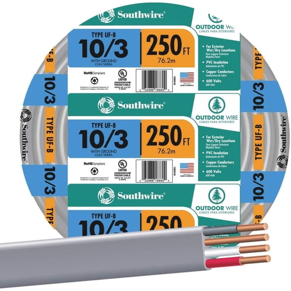 Southwire 10/3 UF-B Electrical Wire With Ground - 250 Ft Gray PVC Jacket