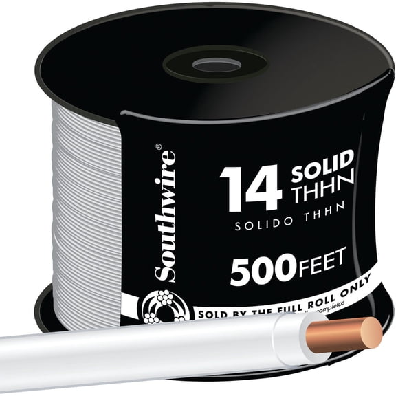 SOUTHWIRE COMPANY LL 11580858 14/1 Thhn Solid Wire, 500 Ft, White — Indoor & Outdoor Use, NEC-Compliant