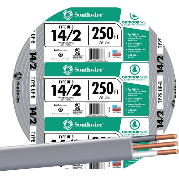 Southwire Underground Feeder Cable 14-2 Copper PVC - 250 Ft  Indoor & Outdoor Use, NEC-Compliant