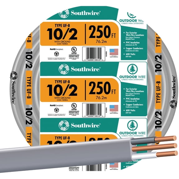 SOUTHWIRE COMPANY LL 13056755 Underground Feeder Wire 10 Ga, 2 Conductor 30 Amp 600 V 90 Deg C, 250 ', Gray