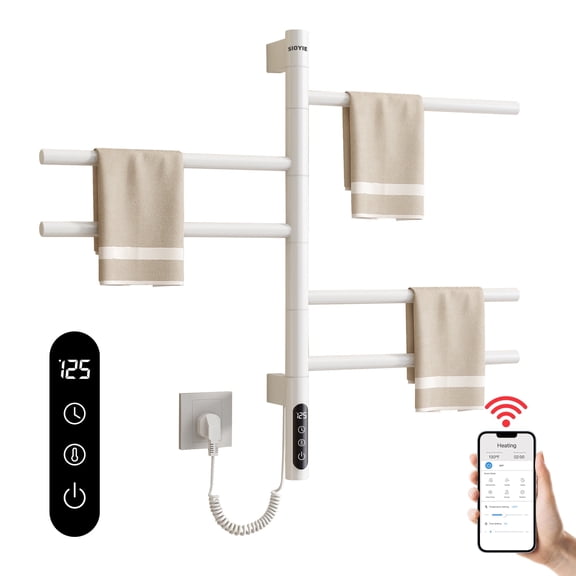 SIOYIE Smart Rotating Heated Towel Rack for Bathroom, 90W Electric Towel Warmer with Swivel Bars, 1-24H Timer, 115℉-155℉, Wi-Fi App Control, Low Carbon Steel, IPX5, Plug-in/Hardwired, White