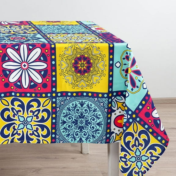 SOVCFOE Polyester Oblong/Rectangle 60 x 102 Inch Washable Reusable Waterproof Table Cloth - Medallion Geometric Plaid Boho Morocco Tile Print Table Cover for Spring/Summer Decoration
