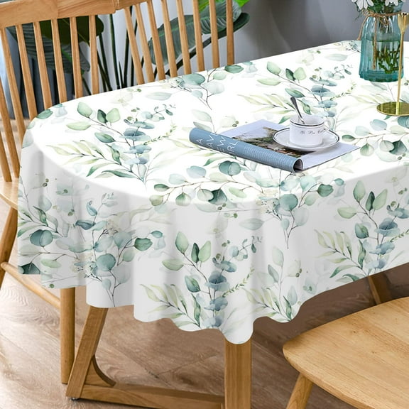 SOVCFOE Polyester Oval 54 x 72 Inch Washable Reusable Waterproof Table Cloth - Watercolor Leaf Floral Print Table Cover for Spring/Summer Decoration