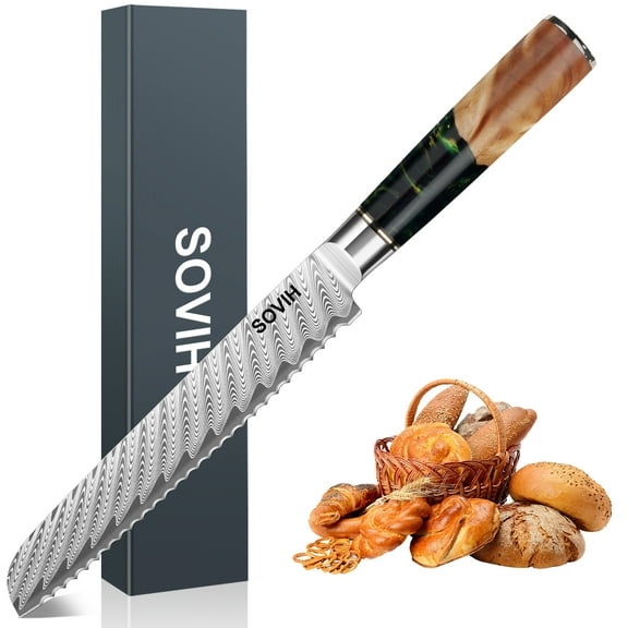 SOVIH Damascus Serrated Bread Knife for Homemade Bread, VG10 Serrated Knife with Wide Wavy Edge, Tomato Slicer knife with Wooden Handle for Sourdough Baguette Sandwich,Christmas Gift for Men & Women