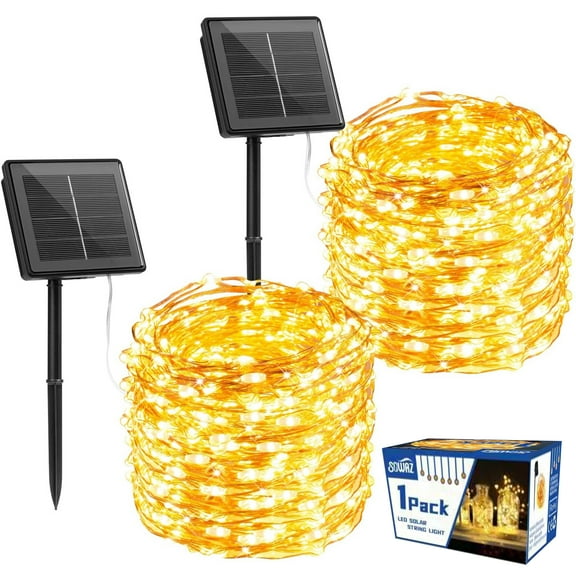 SOWAZ Outdoor Solar String Lights, 2 Pack 33Feet 100 Led Solar Powered Fairy Lights with 8 Modes Waterproof Decoration Copper Wire Lights for Patio Yard Trees Christmas Wedding Party (Warm White)