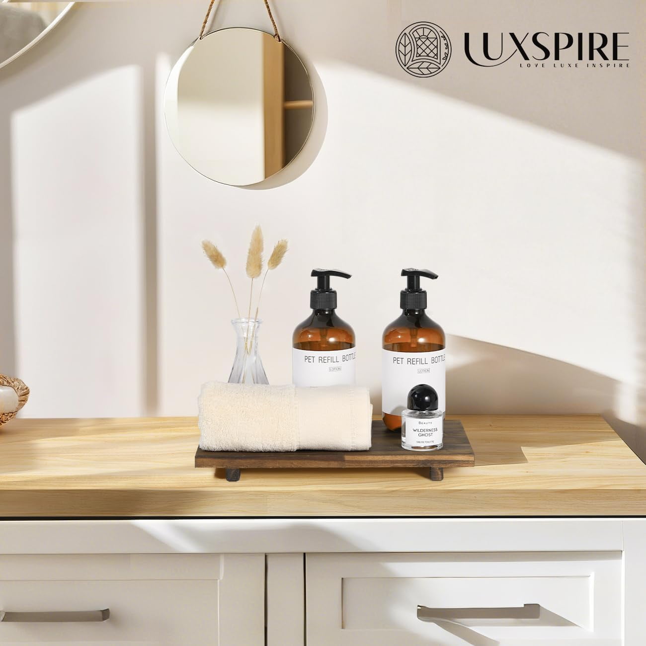 SOWEIS-Wood Bathroom Tray, Bathroom Counter Tray with Stand, Wood Riser ...